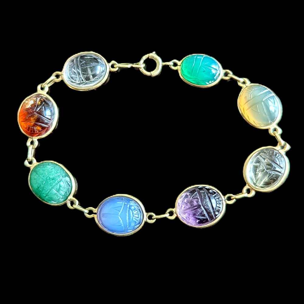 Vintage Gemstone Scarab Bracelet 14k Yellow Gold Bracelet Talisman Estate Carved